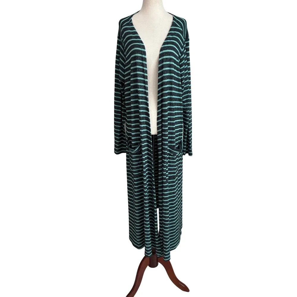 LuLaRoe Sarah Duster Cardigan Womens Large Teal Grey Striped Longline Pockets